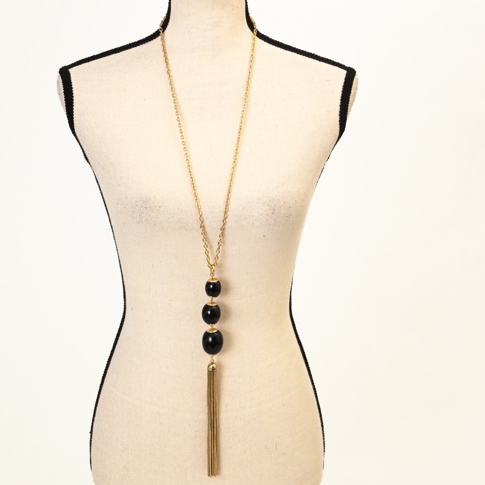 R.J. Graziano drop necklace tassel necklace large beads black with gold tone